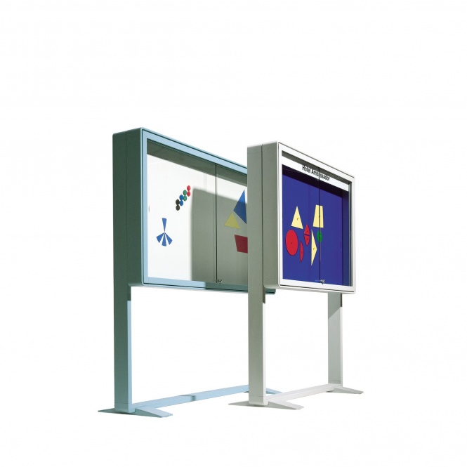 Info-Vitrine, freistehend, 107 cm hoch, 142x13 cm (B/T), Rückwand Stoff 